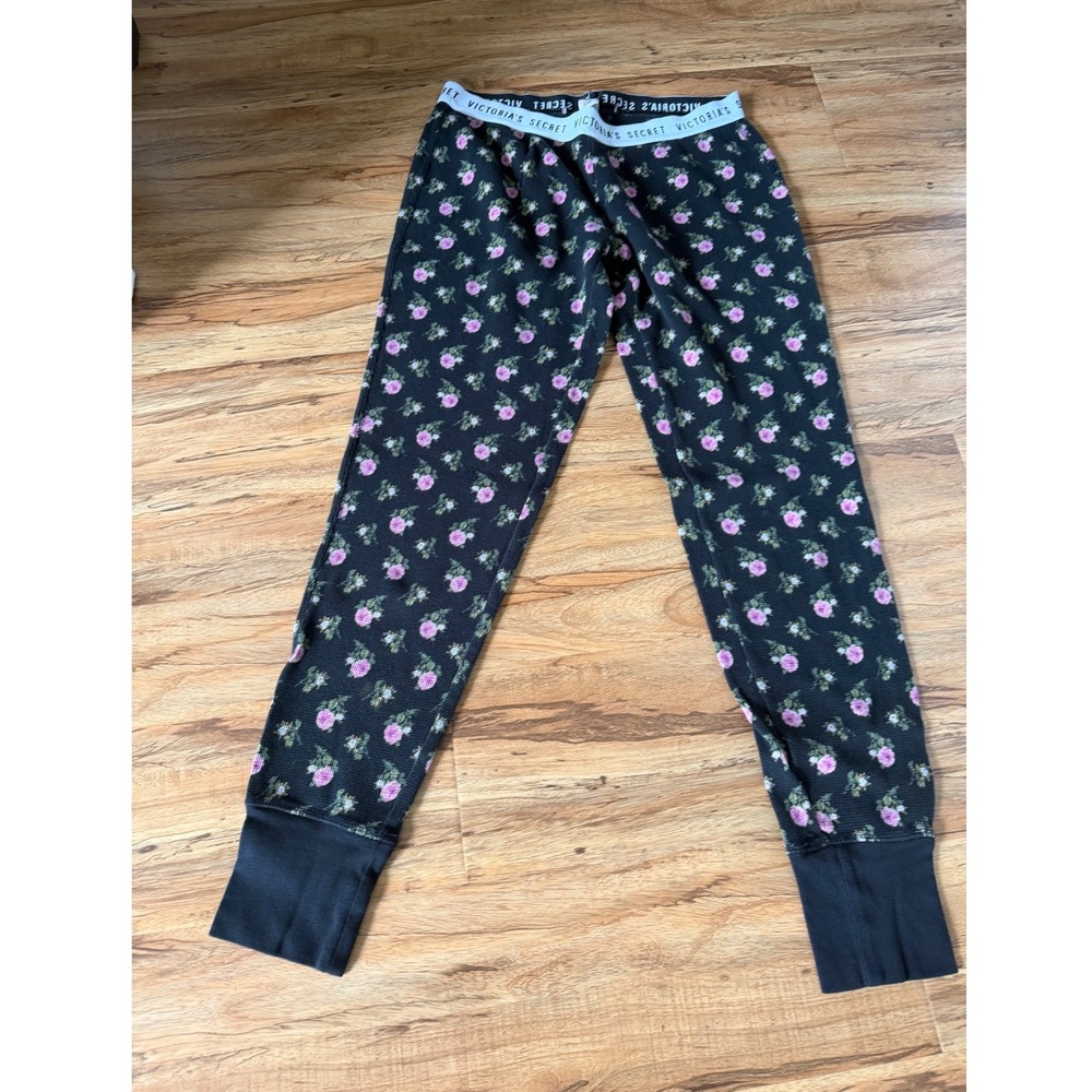 Victorias Secret Thermal Pajama Jogger‎ Pants Black Pink Floral Rose Small